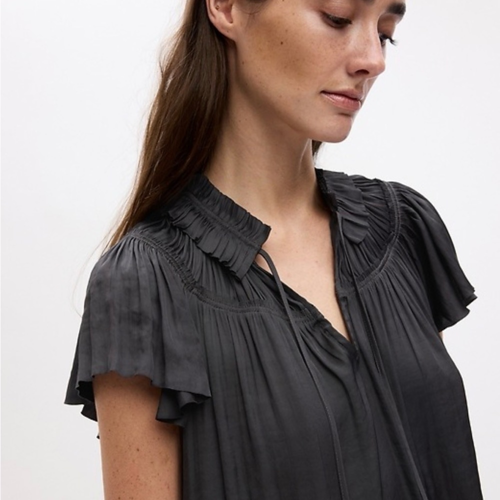 Black Silky Ruffle Trim Women's Blouse